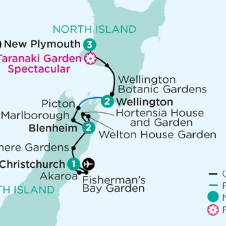 tourhub | APT | New Zealand’s Taranaki Garden Spectacular & Private Gardens of the North and South Islands | Tour Map