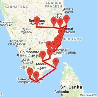 tourhub | Agora Voyages | Bangalore to Kovalam South India Temple & Beach | Tour Map