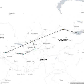 tourhub | Silk Road Trips | Tour along 3-stans of Central Asia 12 Days: Uzbekistan, Tajikistan, and Kyrgyzstan | Tour Map