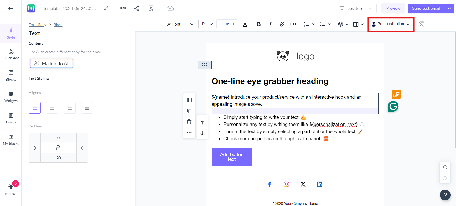 Use dynamic (repeatable) block in a template to personalise content