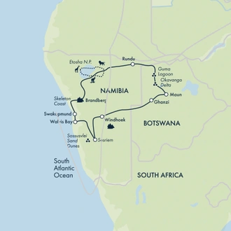 tourhub | Exodus | Namibia & Botswana: Dunes & Delta | Tour Map