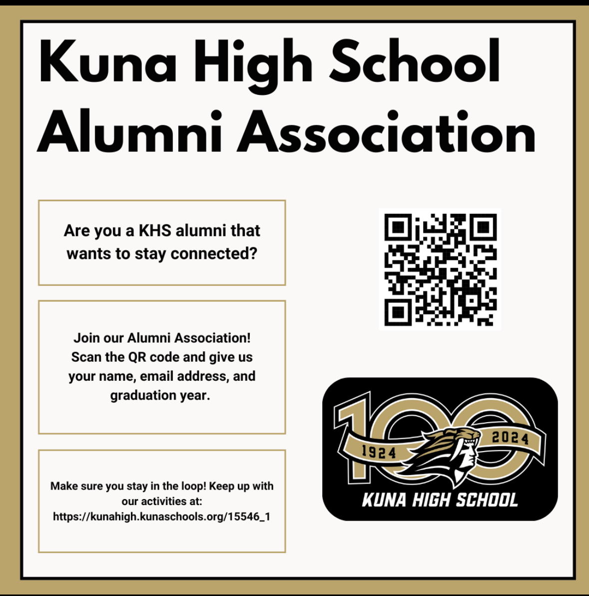 A flyer for the Kuna High School Alumni Association, featuring a QR code to join and a website address.