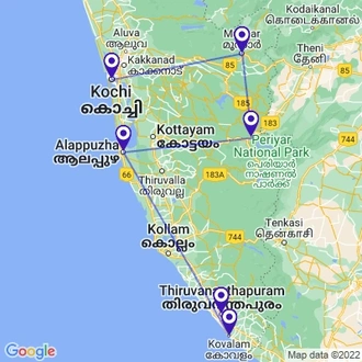 tourhub | UncleSam Holidays | Kerala Backwaters and Wildlife Tour | Tour Map