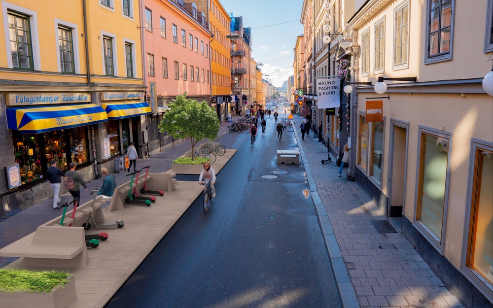 Exempelbild: Byggsats placerad på Götgatan med ställ för elsparkcyklar och grönska. Cred: LundbergDesign.