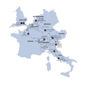 tourhub | Insight Vacations | Highlights of Europe - Start London, Return Eurostar, Small Group, Summer | Tour Map
