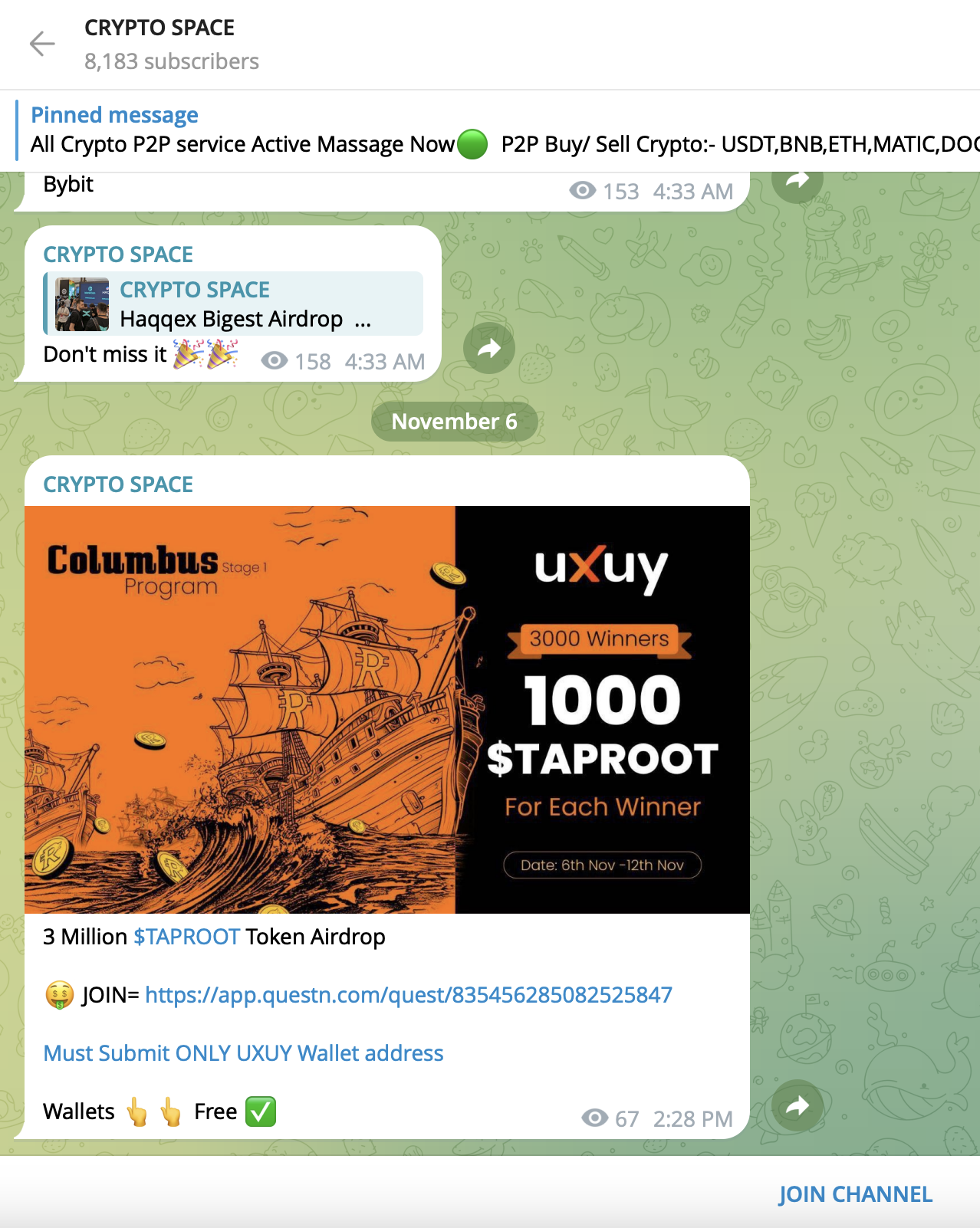 a telegram message showing a group of scammer sharing phishing link