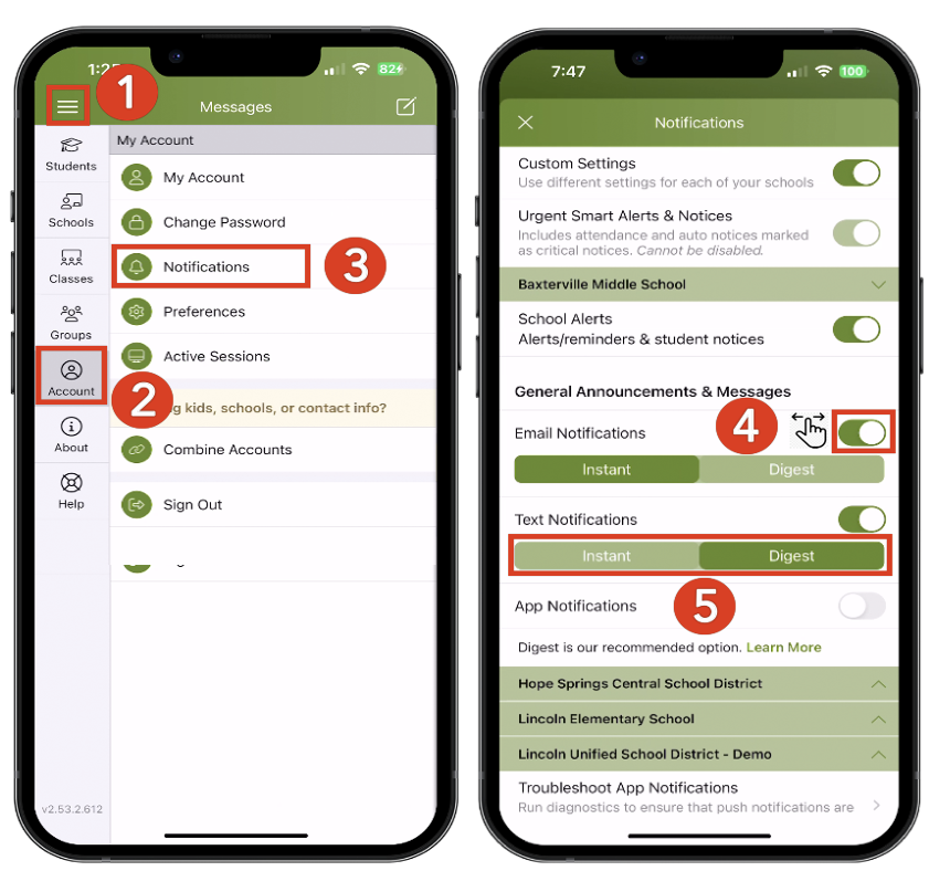 ParentSquare Notification settings instructions for mobile app