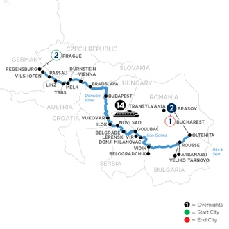 tourhub | Avalon Waterways | The Danube from Germany to Romania with 2 Nights in Prague, 1 Night in Bucharest & 2 Nights in Transylvania (Illumination) | Tour Map