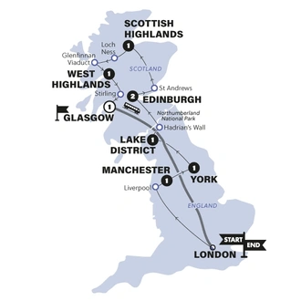 tourhub | Contiki | England & Scotland | End Glasgow | Winter | 2024/2025 | Tour Map