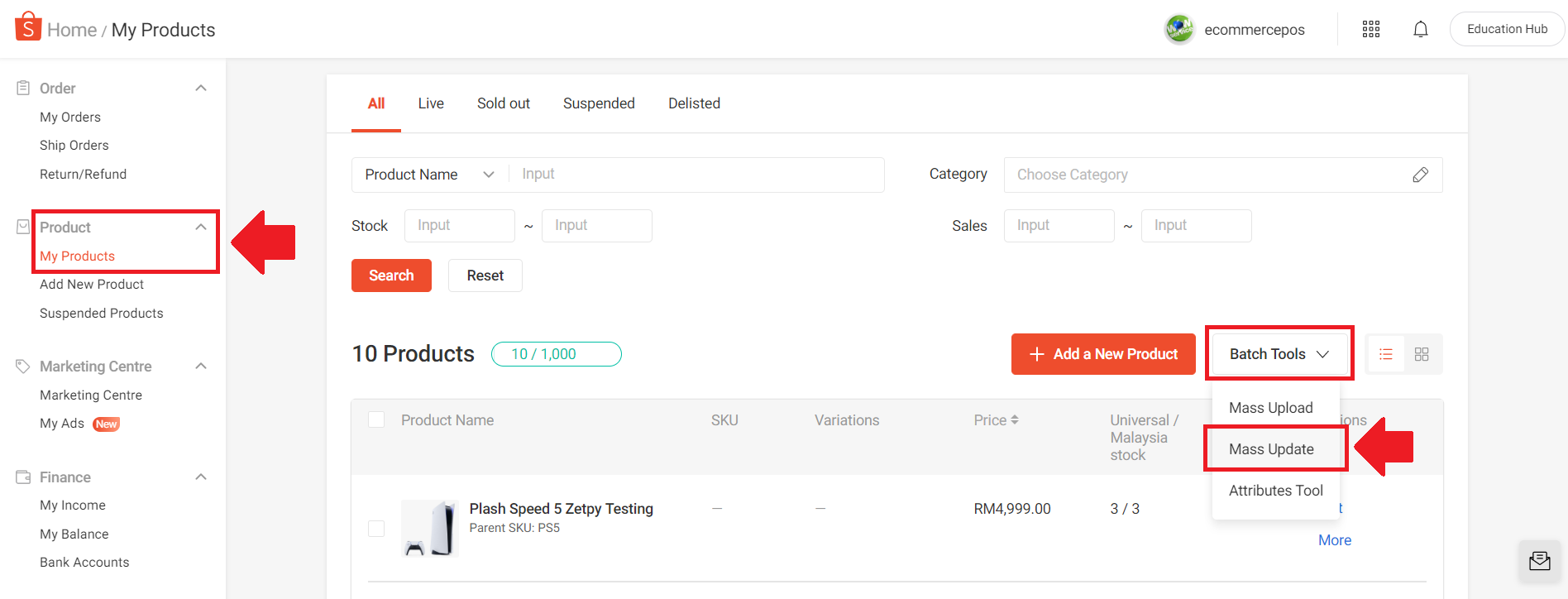 Seller center shopee Export Product