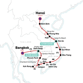 tourhub | G Adventures | 27 Days in Southeast Asia: Cambodia, Vietnam & Big Nights in Bangkok | Tour Map