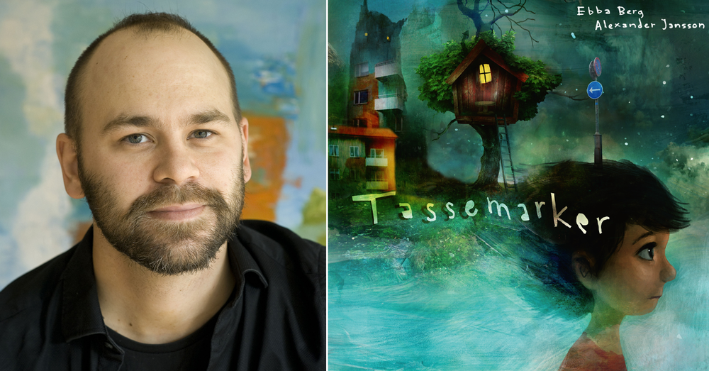 Foto av illustratören Alexander Jansson och bokomslaget till Tassemarker.