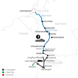 tourhub | Avalon Waterways | Swiss Splendors by Train with Romantic Rhine Cruise (Panorama) | Tour Map