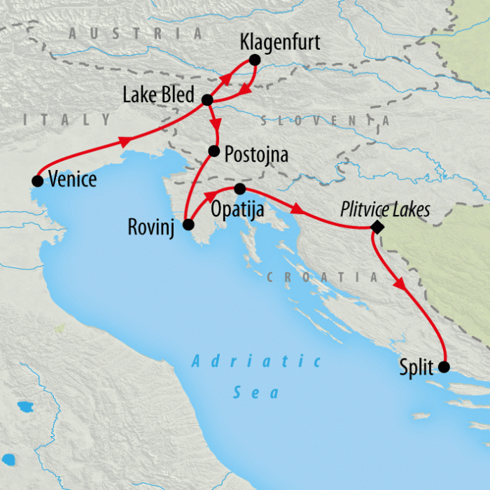 tourhub | On The Go Tours | Gondolas, Lakes & Split - 9 Days | Tour Map