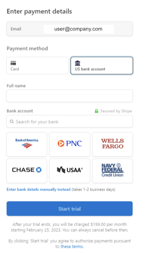 Billing page - enter payment details