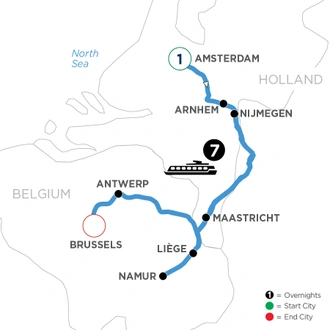 tourhub | Avalon Waterways | Highlights of Holland & Belgium with 1 Night in Amsterdam (Imagery II) | Tour Map