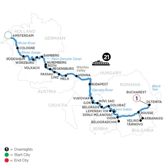 tourhub | Avalon Waterways | Iconic Rivers of Europe - the Rhine, Main & Danube with 1 Night in Bucharest (Expression) | Tour Map