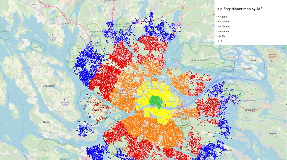 Hur långt hinner man cykla? Grön punkt visar på mindre än 5 minuter, gul punkt 15 minuter, orange punkt 30 minuter, röd punkt 45 minuter och blå punkt 1 timme. Bakgrundsbild: open street map.