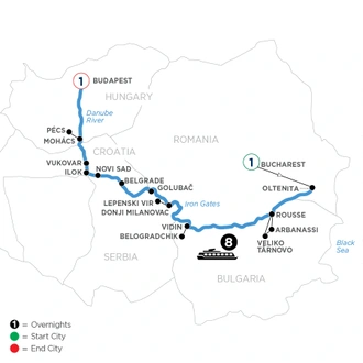 tourhub | Avalon Waterways | The Danube from Romania to Budapest with 1 Night in Bucharest and 1 Night in Budapest (Illumination) | Tour Map