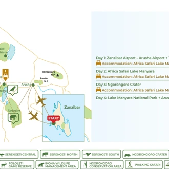 tourhub | Beach and Safari Holidays | Tarangire National Park, Optional Activity Day + Ngorongoro Crater + Manyara N.P. | Tour Map