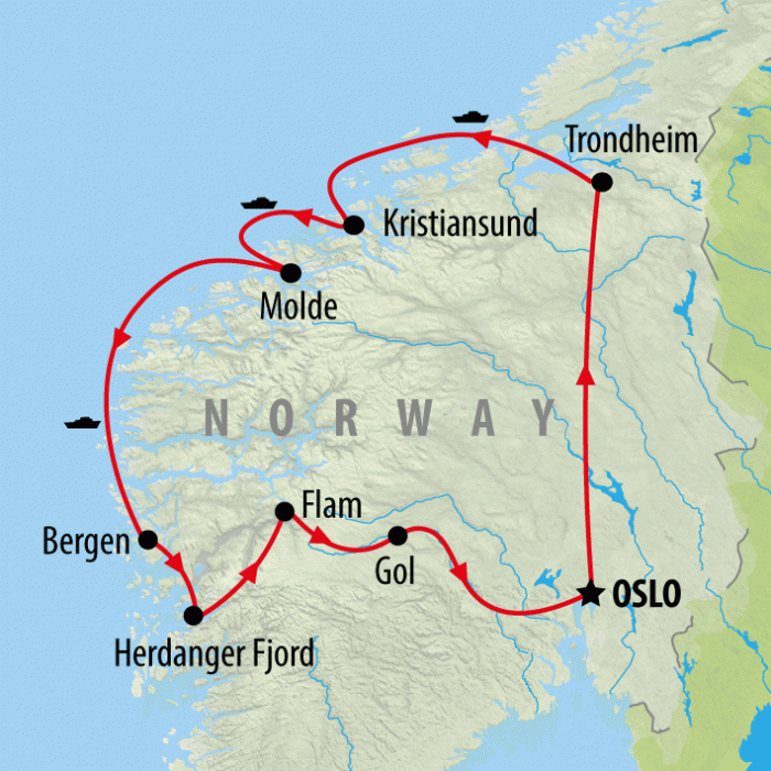 tourhub | On The Go Tours | Fjords, Cruise & Coast - 9 days | Tour Map