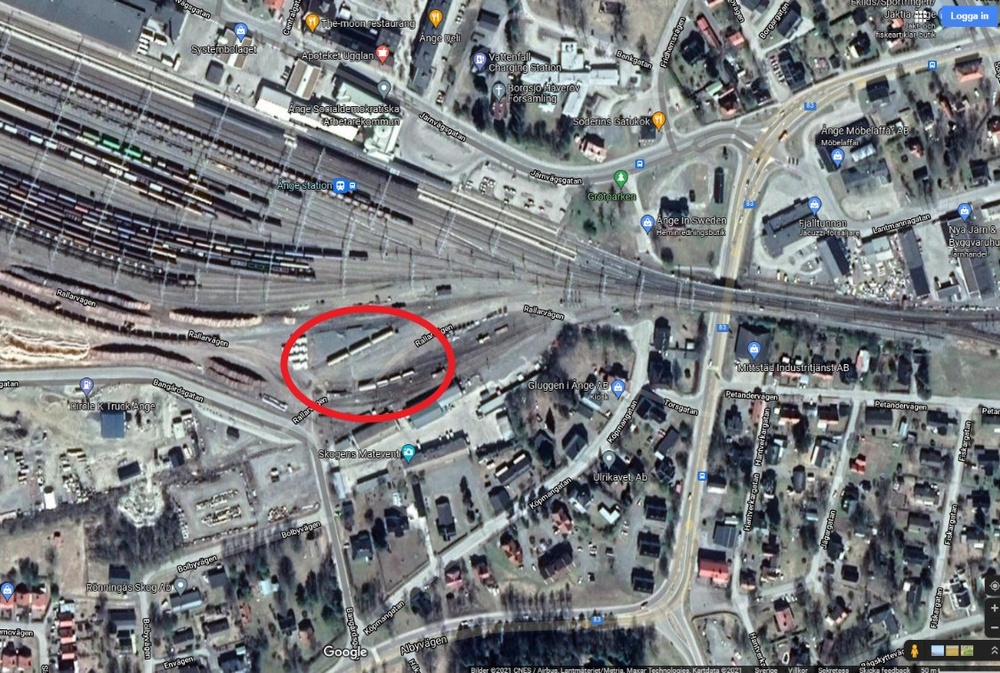Röd markering på kartan visar övningsområdet på Ånge bangård.