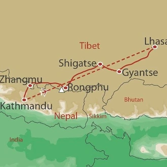 tourhub | World Expeditions | Lhasa to Kathmandu via Tibet's Everest BC | Tour Map