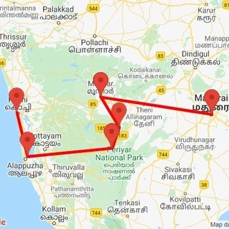 tourhub | Agora Voyages | Cochin to Madurai the Backwater, Tea Estate & Temple Tour | Tour Map