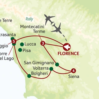 tourhub | Saga Holidays | The Essence of Tuscany - A Classic Tour including Coastal Viareggio and Cinque Terre | Tour Map
