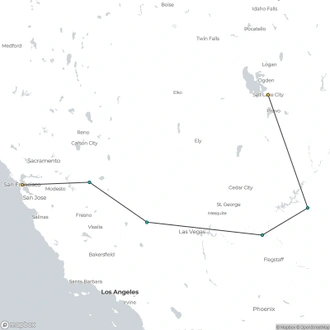 tourhub | Bindlestiff Tours | Private 7 Day National Parks Tour from Las Vegas to San Francisco via Grand Canyon with Lodging | Tour Map