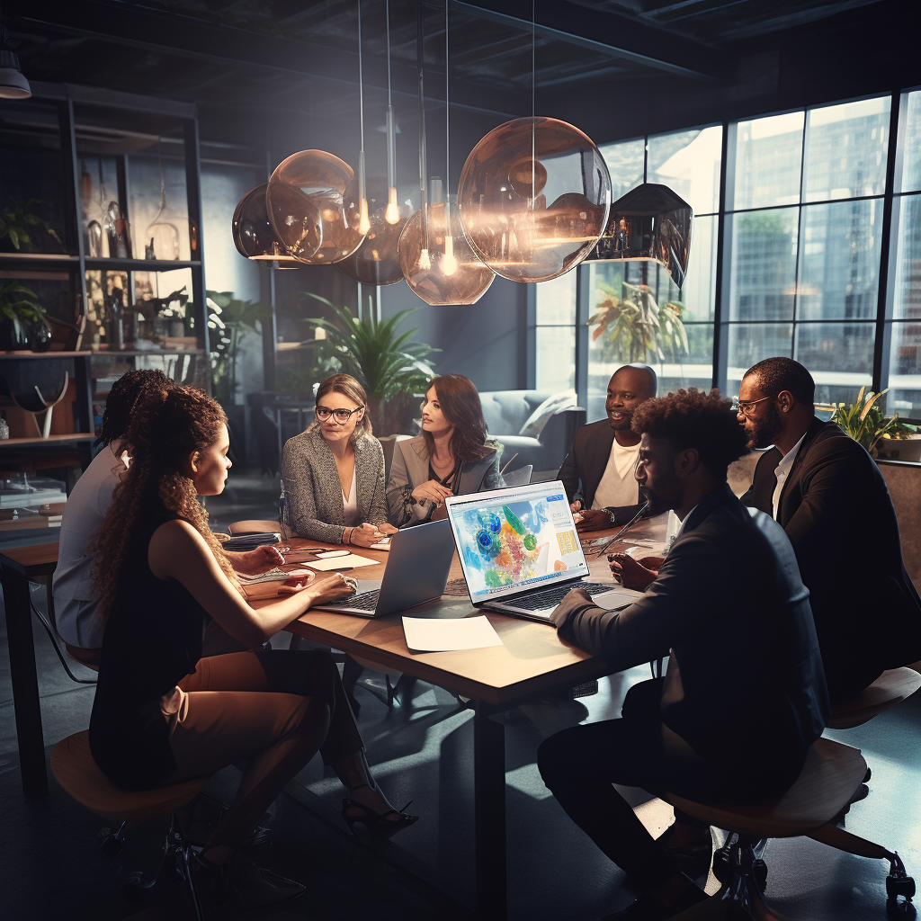 "An image depicting a group of diverse professionals in a modern office conference room, engaged in a collaborative discussion and brainstorming session, with charts and graphs on a whiteboard in the background."