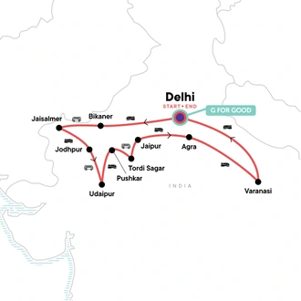 tourhub | G Adventures | Rajasthan and Varanasi: Trains & the Taj | Tour Map