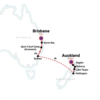 tourhub | G Adventures | Australia and New Zealand: Surf Camps & Kiwi Highlights | Tour Map