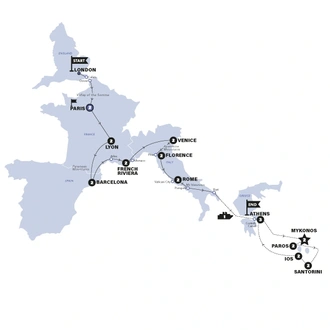 tourhub | Contiki | London to Athens Plus and Greek Island Hopping Plus | Start Paris | Summer | Season 2024 | Tour Map