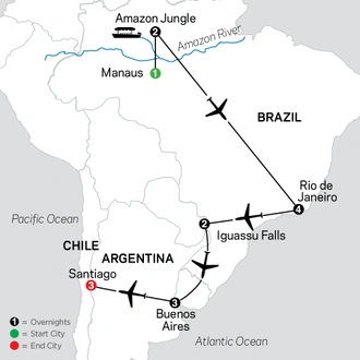 tourhub | Cosmos | Brazil, Argentina & Chile Unveiled with Brazil's Amazon | Tour Map