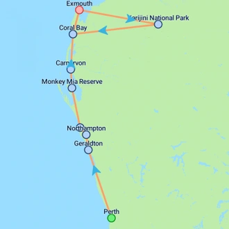 tourhub | On The Go Tours | West Coast & Karijini National Park - 13 days | Tour Map