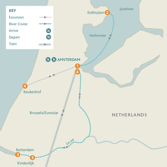 tourhub | Riviera Travel | Amsterdam, Kinderdijk and the Dutch Bulbfields River Cruise - MS Geoffrey Chaucer | Tour Map