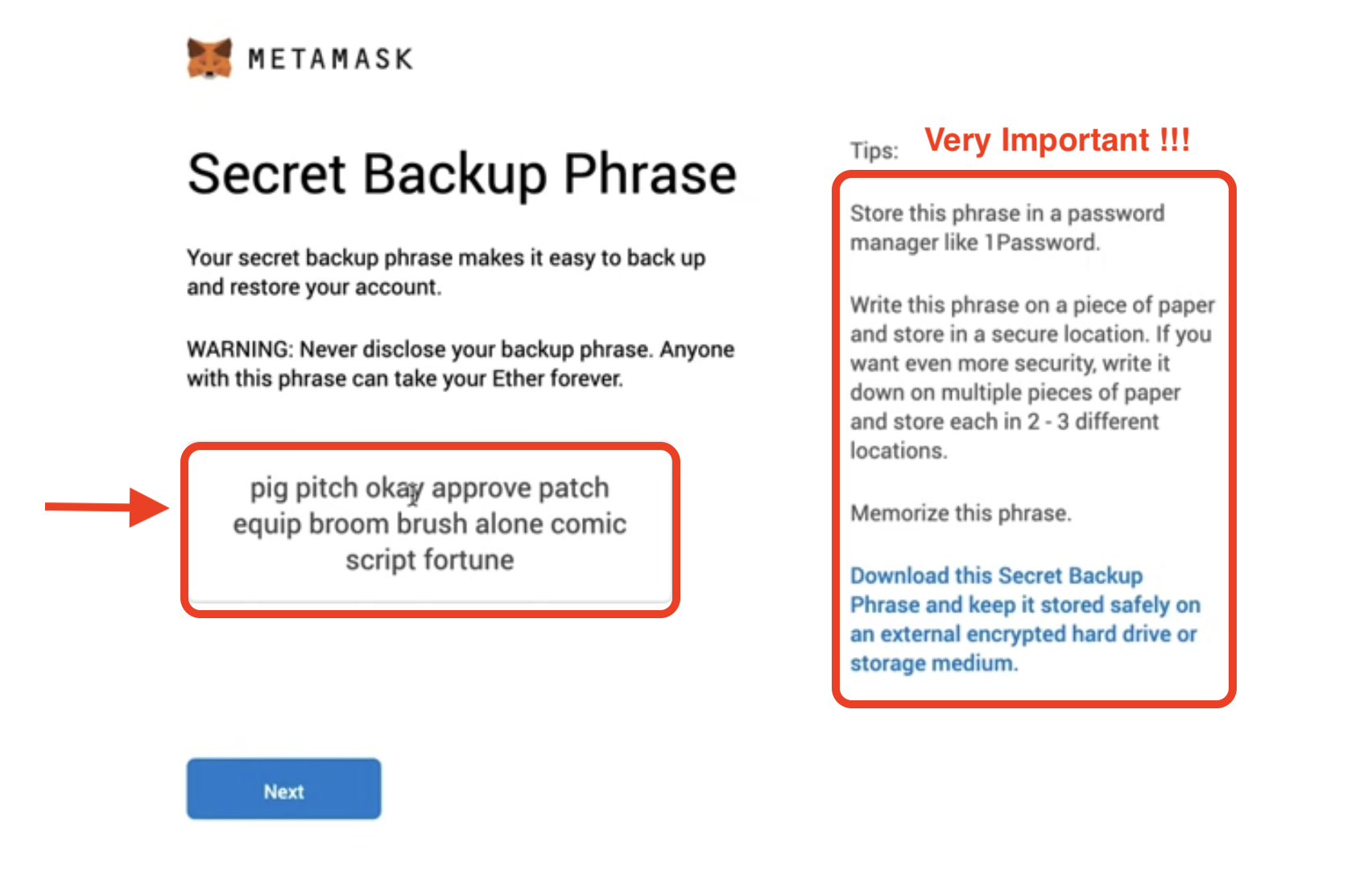 How to create a MetaMask Wallet Important Seed Phrase