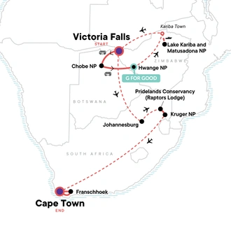 tourhub | G Adventures | Southern Africa: National Parks of Zimbabwe & Kruger Wildlife Tracking | Tour Map