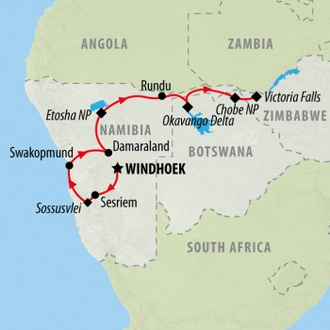 tourhub | On The Go Tours | Namibia, Botswana and Falls - 14 days | Tour Map