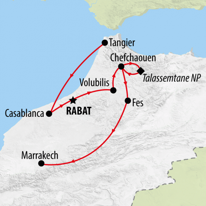 tourhub | On The Go Tours | Imperial Morocco & the Blue City from Tangier - 9 days | Tour Map