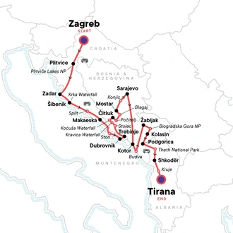 tourhub | G Adventures | Classic Balkans:  Zagreb to Tirana | Tour Map