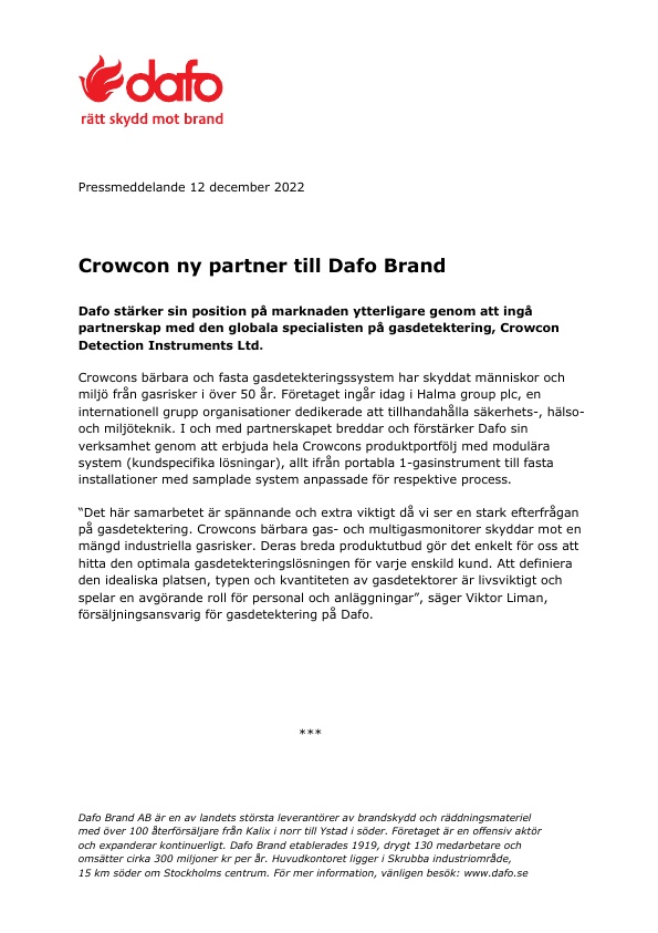 Dafo inleder samarbete med Crowcon