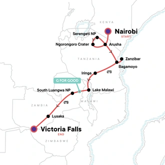 tourhub | G Adventures | Serengeti to Victoria Falls Overland: Night Stars & Spices | Tour Map