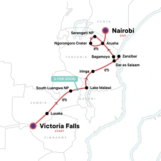 tourhub | G Adventures | Zimbabwe to Kenya Overland Safari | Tour Map