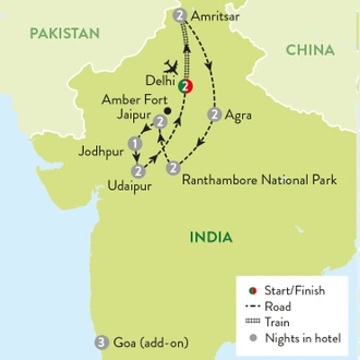 tourhub | Travelsphere | Taj, Tigers, Temples and Rajasthan's Palaces with Goa add-on | Tour Map