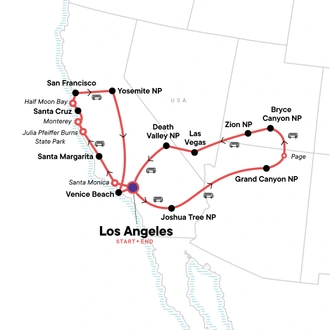 tourhub | G Adventures | USA Road Trip — California & the Southwest | Tour Map