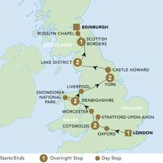 tourhub | Back-Roads Touring | Highlights of Britain 2025 | Tour Map
