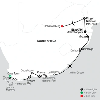 tourhub | Cosmos | South Africa: From the Cape to Kruger | Tour Map